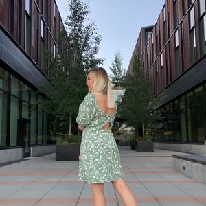 & other stories green floral dress with large sleeves and square neckline